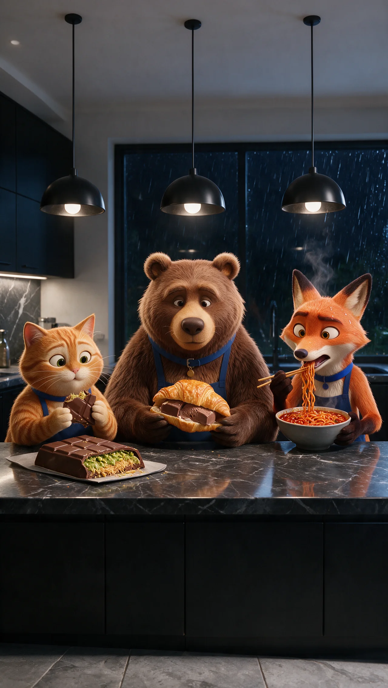 AI-generiertes Bild: Katze, Bär und Fuchs beim Essen