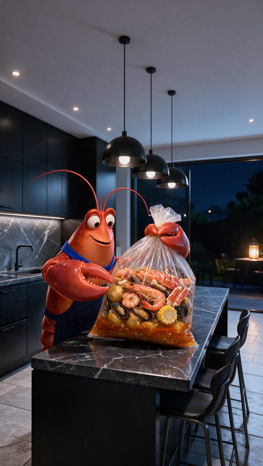 AI-generiertes Bild: Krabbe hält eine Seafood-Tüte — Beispiel aus dem ClipwerkAI-Portfolio